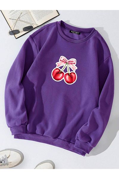 SOFTWAY Unisex Oversize Ribbon Cherry Baskılı Basic φούτερ – Μωβ