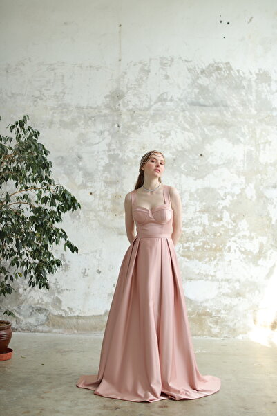 minel aşk Kalp Yaka  Uzun Elbise Pudra