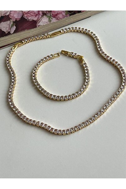 Çelik Gold Renk Su Yolu Kare Taşlı Kolye (46 Cm)