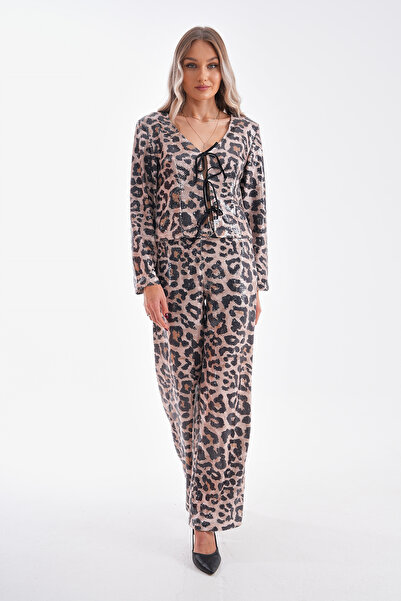 Pulli Collection Sequin Leopard Patterned Wide Leg Trousers Pll-037