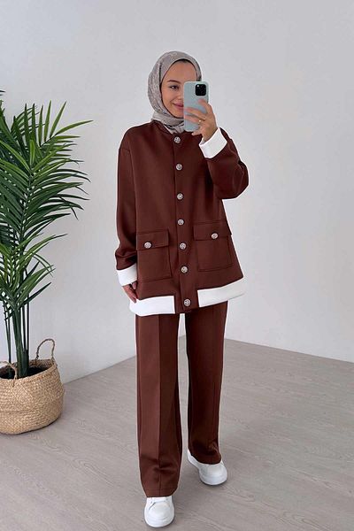 Ka Hijab Elegant Button Detailed Scuba Hijab Set of 2 - Brown