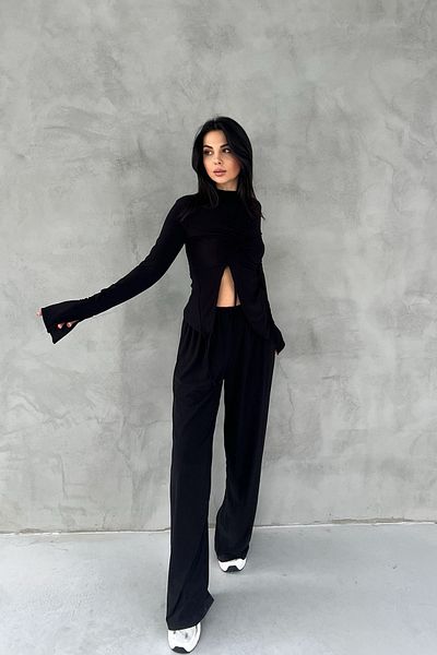 Seda Yalçın Atelier Black Gather Detailed Long Sleeve Blouse and Loose Trousers Set