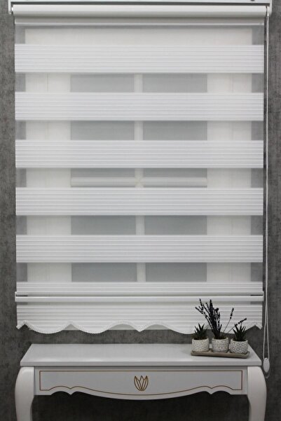 NetworkAvm Ekru Beyaz Geniş Pliseli Zebra Stor Güneşlik Perde Eteği Dilimli(a...