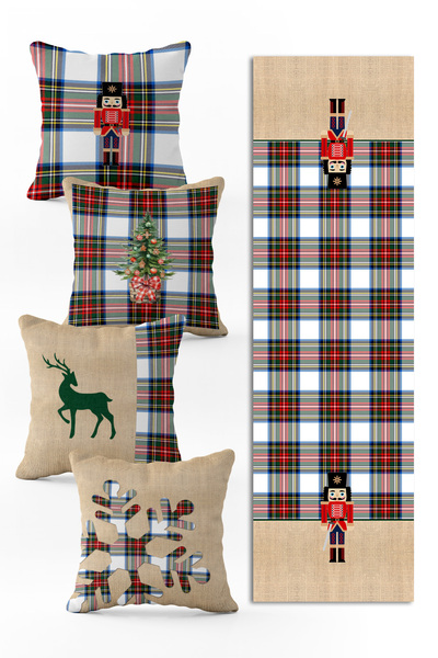 Evmila Yılbaşı Özel Set 4 Adet Kırlent 1 Adet Runner