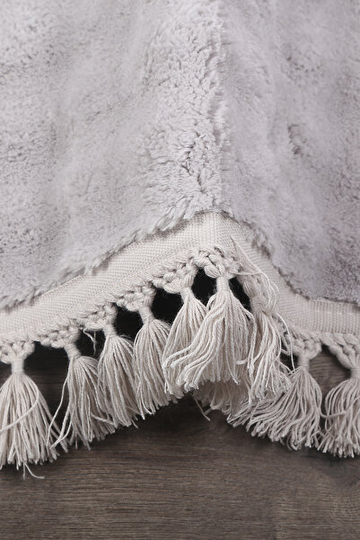 Teksev Bubble Gray Color Pompom Fringed Cutting Plush Runner Washable Non-Slip Based Soft Tassel Carpet