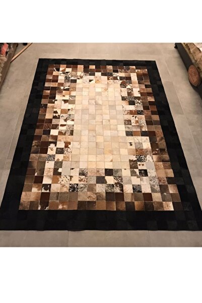 Dericibey Hakiki Dana Derisi Patchwork Halı Kahverengi Siyah Renk HDR00005 16...