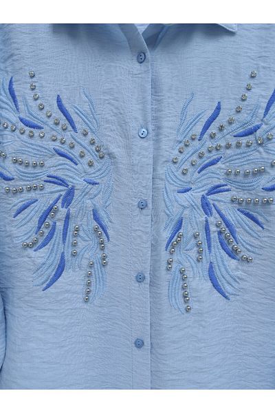 Modamorfo Cămașă de in albastră - Brodat cu piatră și broderie