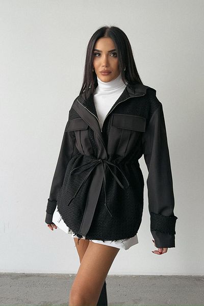 Ortaya Çık Black Hooded Waist Drawstring Jacket with Pocket Detail