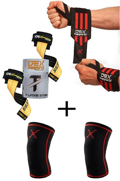 Dex Supports Fitness Wrist Brace Wrist Wraps - Training Knee Brace & T-Grips Lifting Straps 3 Pack