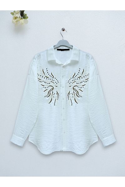 Modamorfo Cămașă de in brodat cu piatră și broderie -ecru