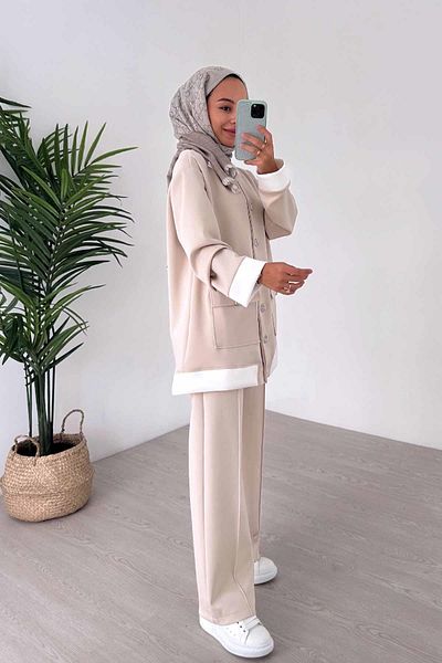 Ka Hijab Beige Elegant Scuba Set - Button Detailed