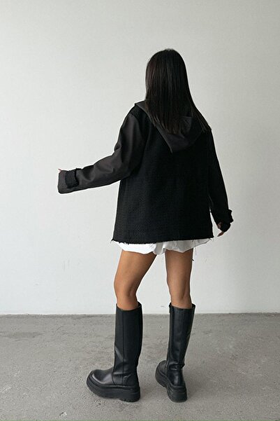 Ortaya Çık Black Hooded Waist Drawstring Jacket with Pocket Detail