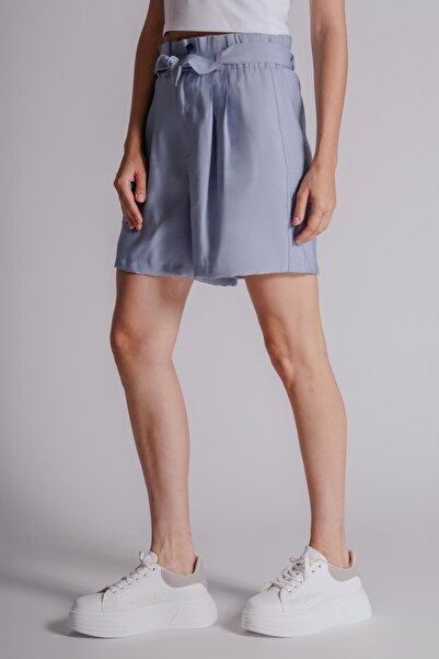 BRACCAS Kadın Pileli Beli Lastikli ve Kuşaklı Düğmeli Jogger Şort Mavi