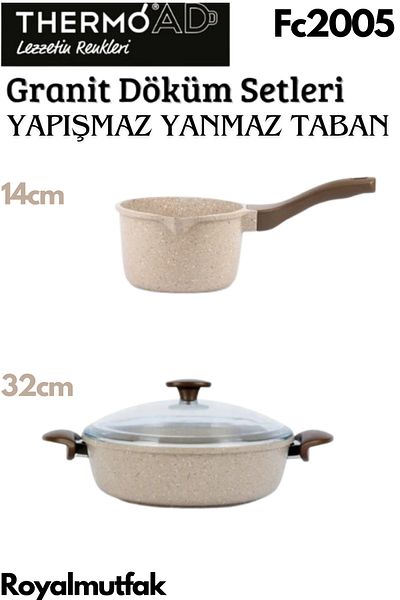 ThermoAD 32cm Cast Iron Granite Mink Rice Pot + 14cm Cast Iron Granite Milk Pot - Sauce Bowl