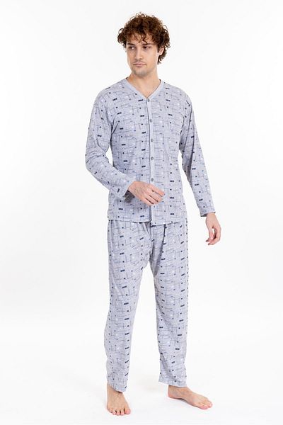 Pemilo Men's Patterned Buttoned Long Sleeve Pajama Set Gray