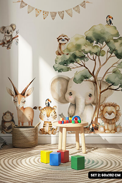 MSticker Sonbahar Temalı Hayvanlar Ve Yapraklar Cam Duvar Sticker Seti