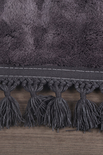 Teksev Bubble Anthracite Color Pompom Fringed Cutting Runner Washable Non-Slip Based Soft Tassel Carpet