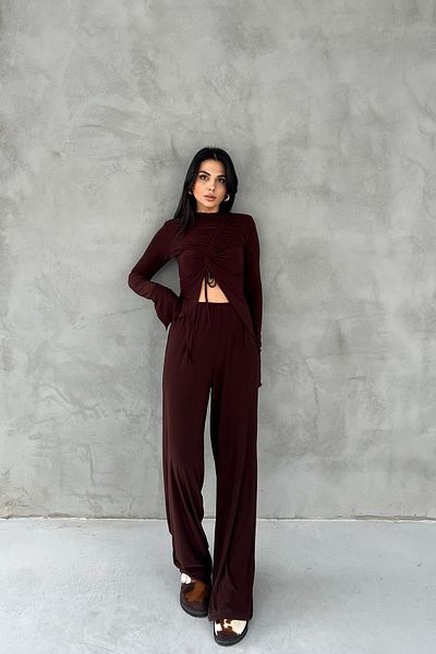 Seda Yalçın Atelier Brown Gather Detailed Long Sleeve Blouse and Loose Pants Set