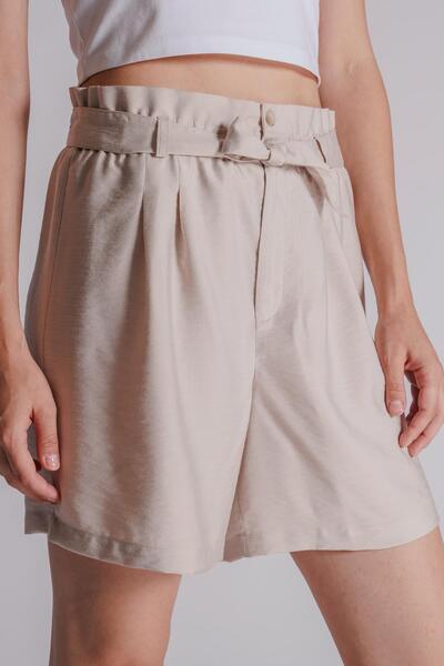 BRACCAS Γυναικείο σορτς Jogger Stone Color - Πλισέ, λαστιχένια μέση και λεπτομέρεια ζώνης