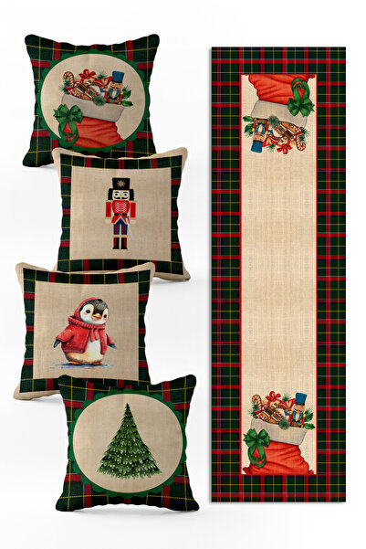 Evmila Yılbaşı Özel Set 4 Adet Kırlent 1 Adet Runner