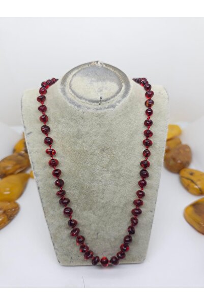 KEHRİBAR TUTKUSU Bordo Damla Kehribar Kolye Yetişkin