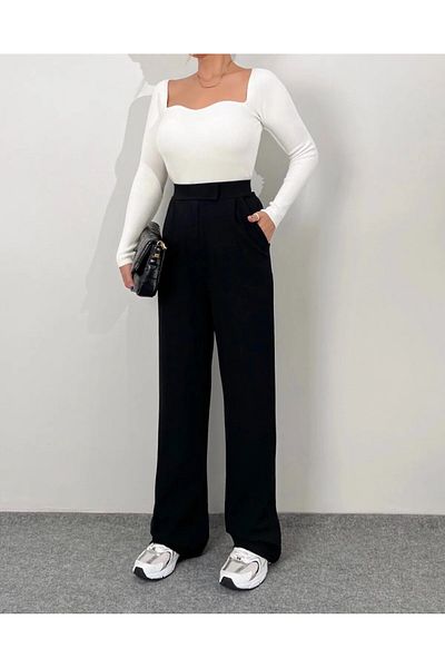 LE CARAMBOLE Women's Black Lycra Velcro Closure Palazzo Pants