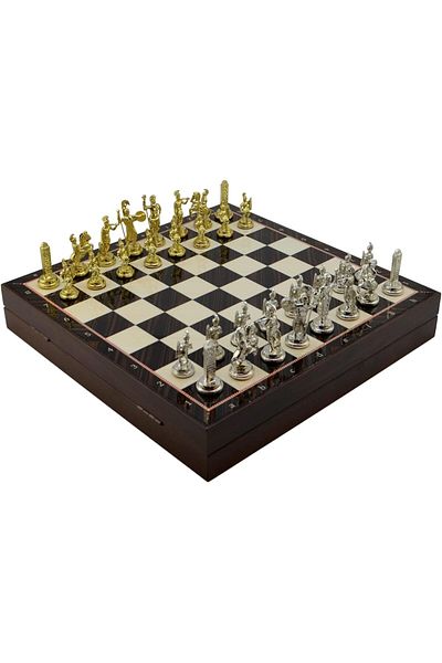 STOREMAX Znnr Medium Size Metal Greek Chess Set with Bright and Walnut Pattern Mdf Board with Storage Box (36X36X6