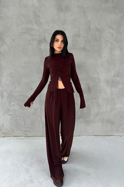 Seda Yalçın Atelier Brown Gather Detailed Long Sleeve Blouse and Loose Pants Set