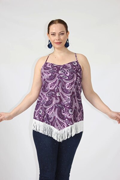 Moda Berray 3280 Etnik Desenli Eteği Saçaklı İnce Askılı Yazlık Bluz