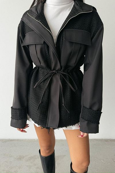 Ortaya Çık Black Hooded Waist Drawstring Jacket with Pocket Detail
