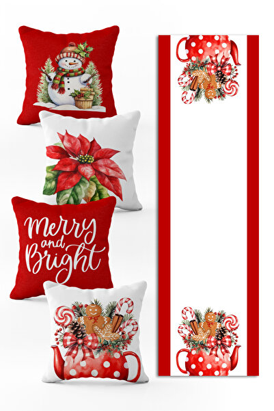 Evmila Yılbaşı Özel Set 4 Adet Kırlent 1 Adet Runner