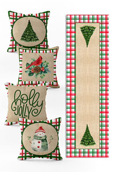 Evmila Yılbaşı Özel Set 4 Adet Kırlent 1 Adet Runner