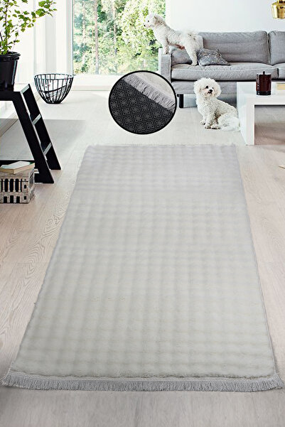 Teksev Bubble Cream Color Sports Fringed Cutting Plush Runner Machine Washable Non-Slip Base Decorative Carpet