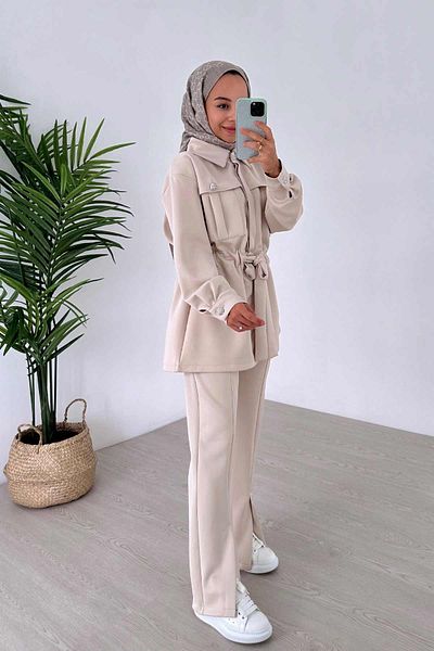 Ka Hijab Modern Scuba Hijab Set of 2 - Belt Detail, Beige
