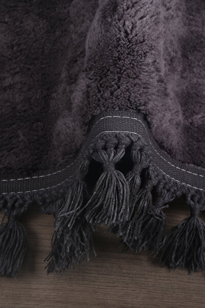 Teksev Bubble Anthracite Color Pompom Fringed Cutting Runner Washable Non-Slip Based Soft Tassel Carpet