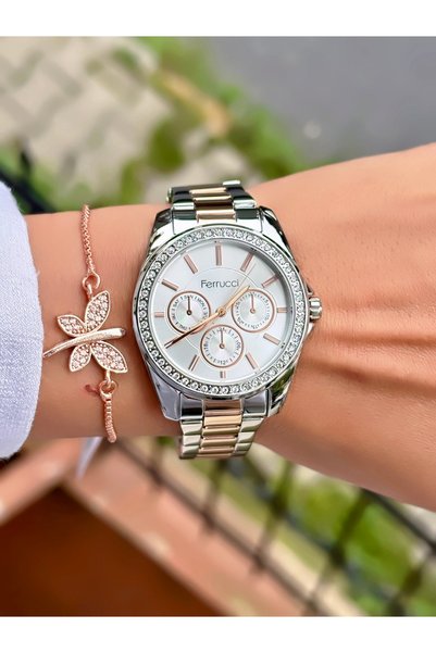 Ferrucci Women's Wristwatch Waterproof Steel Cord Rose Silver Color
