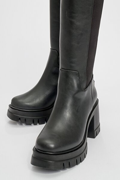 LuviShoes ROYCE fekete sztreccs részletes, vastag sarkú női csizma