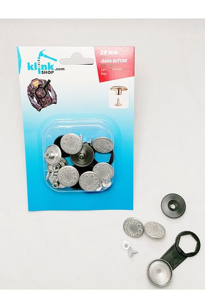 Klinkshop Jeans Button Kit Silver Color 20 mm 8 Sets- Including Practice Apparatus with Hammer- Stainless Brass