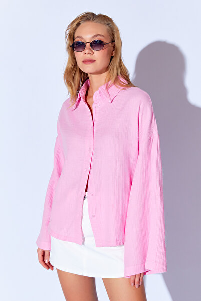 Manche Cămașă de muselină oversize Candy Pink - mâneci largi, potrivire confo...