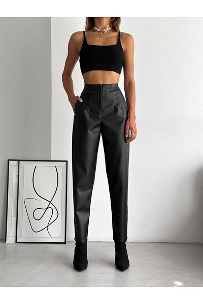 Winmoda34 Women's High Waist Slim Flared Classic Leather Trousers Black