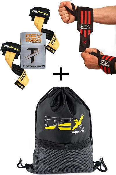 Dex Supports Fitness Bracelet - Wrist Wraps and Weight Lifting Strap T-Grips Lifting Straps+Sackpack Set of 3