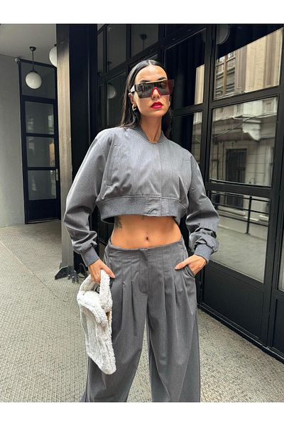 minaaise Γυναικείο κοντό μπουφάν Anthracite Polyviscon Ribbed Bomber 28008
