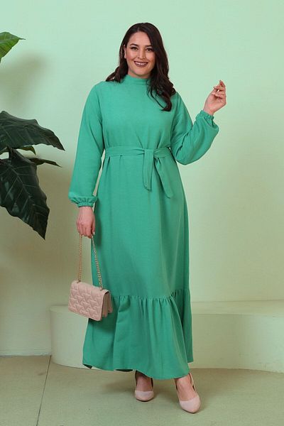 Ferace Πράσινο Πλισέ Hijab Φόρεμα - Γυναικείο Plus Size