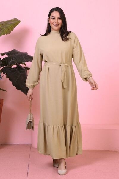 Ferace Μπεζ Πλισέ Hijab Plus Size Γυναικείο Φόρεμα
