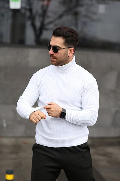 Black Sokak Men's Turtleneck Turtleneck White Winter Knitwear Sweater