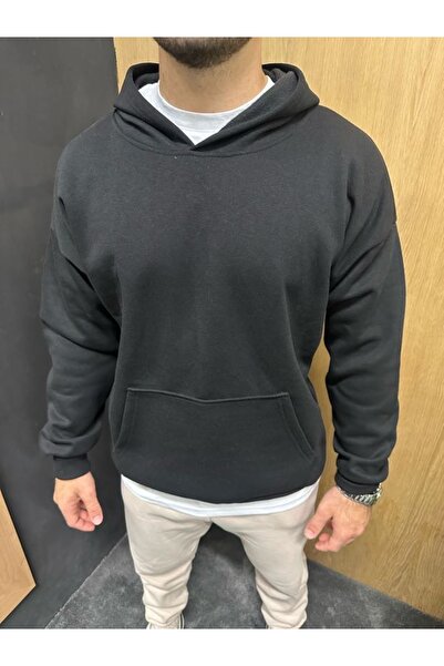 Siyah Kapşonlu Basic Sweatshirt