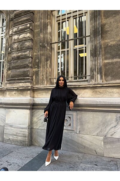 popibutik Uzun Kollu Midi Şifon Elbise