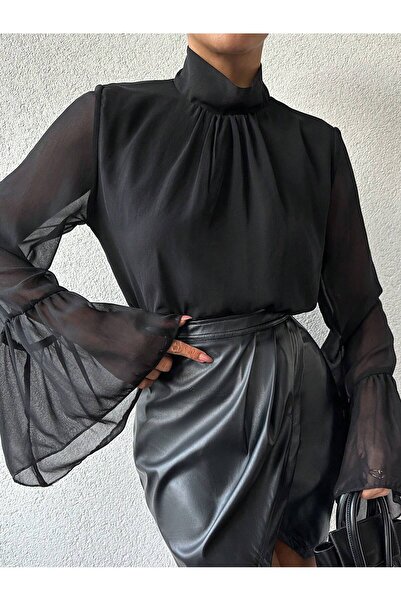 Moda ZR KADIN ŞİFON SİYAH VOLAN KOL BLUZ
