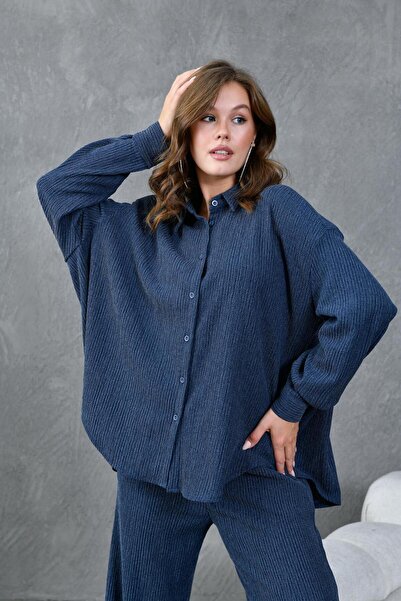 minaaise Kadın İndigo Krinkıl Kumaş Gömlek 28175