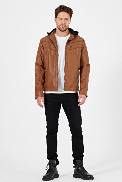 TREND KOMBİN Ανδρικό δερμάτινο παλτό Tan - με κουκούλα, τυπική εφαρμογή